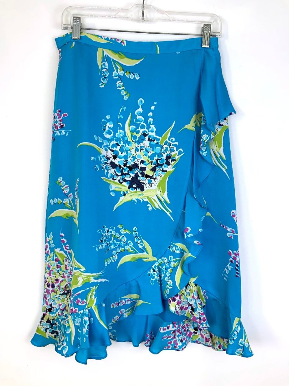 Valerie Stevens 100% Silk Blue Floral Midi Ruffle Faux Wrap Skirt Sz 8P - Picture 2 of 16